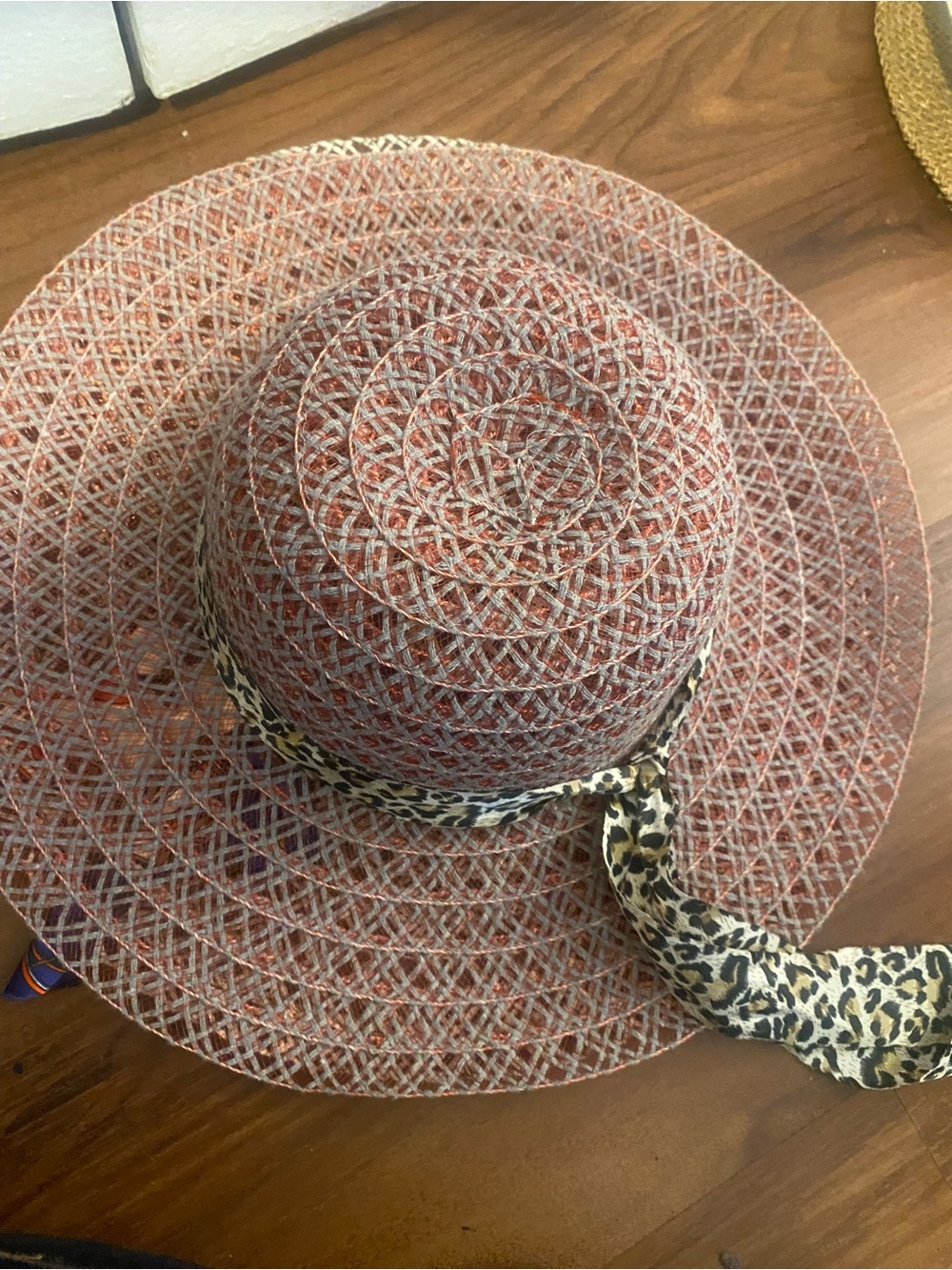 Women’s Pink Woven Sun Hat with Leopard Scarf